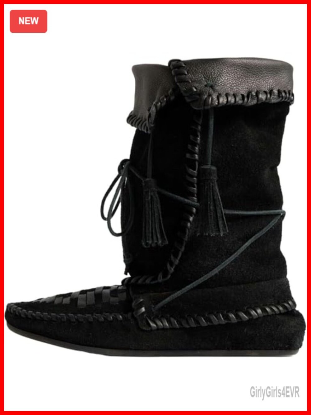 MAVMAX Faux Suede Slouchy Lace Up Mid Calf Boots Tassel Flat Boho